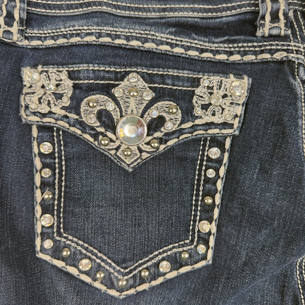 Y2K L.A. Idol USA Jeans Size 11 W33 L31.5 Rhinestone Fleur De Lis Bling Denim - Picture 3 of 14